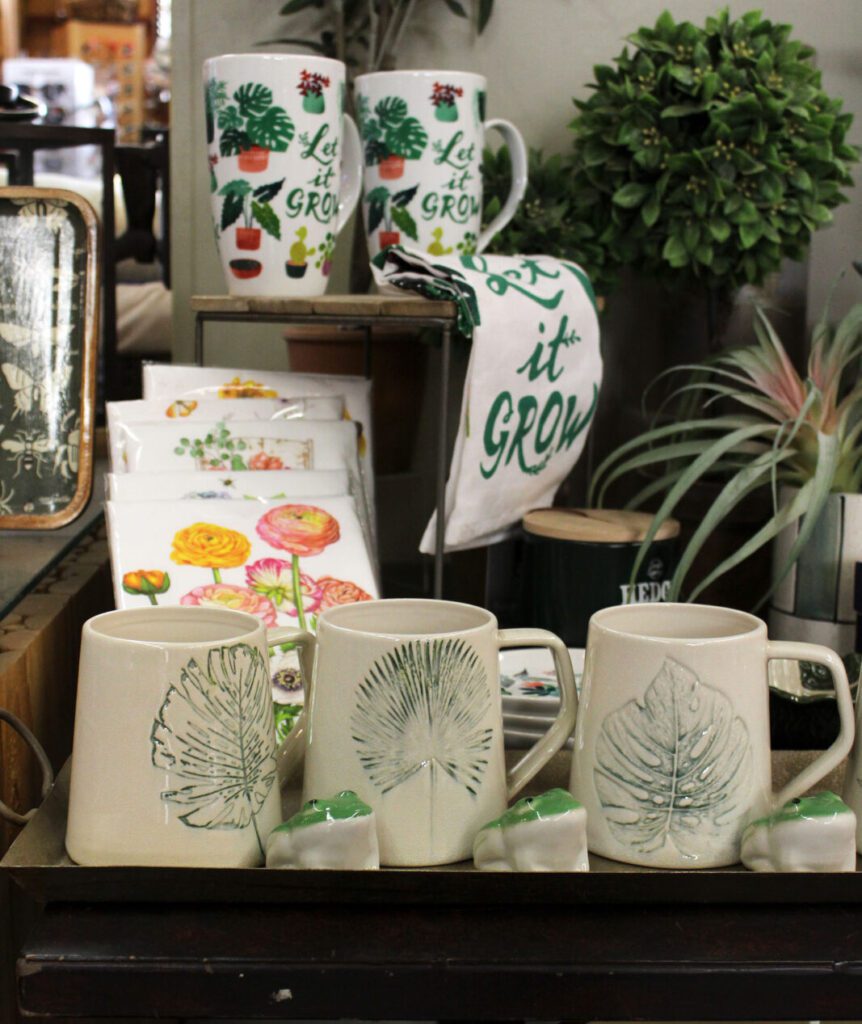 city floral gift store items botanical mugs and tea towels